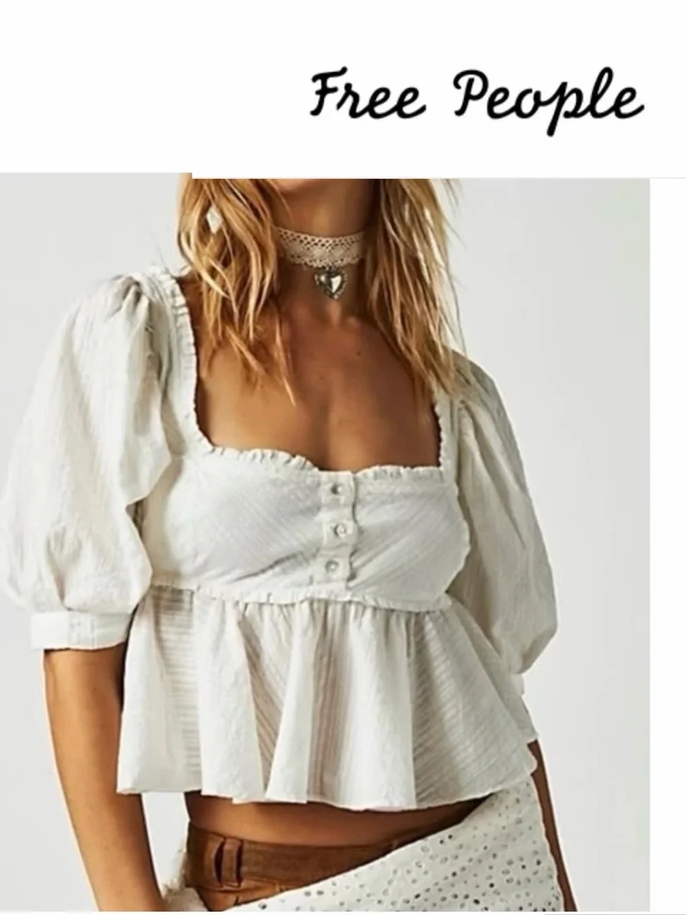 Free People White Peplum Puff Sleeve Blouse